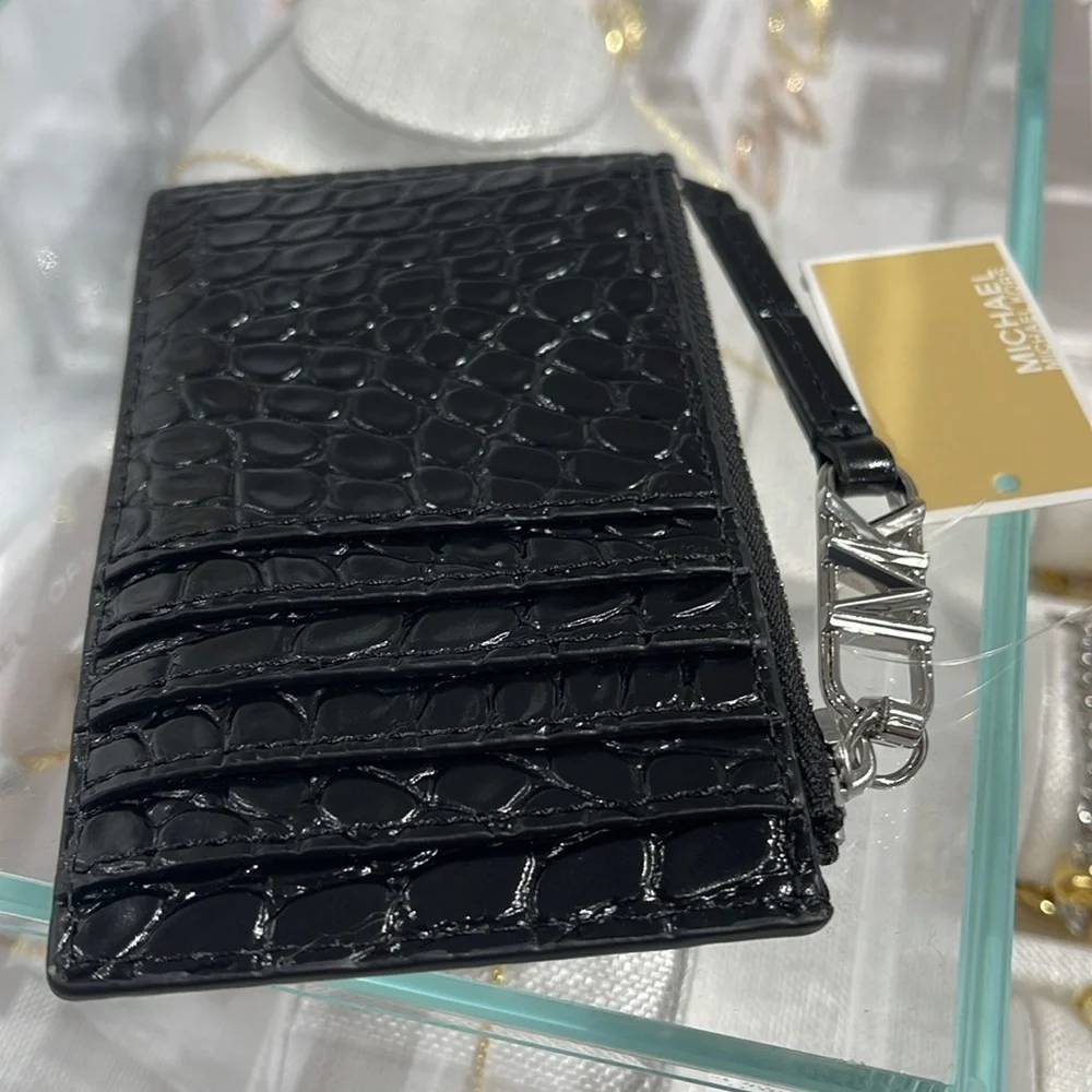 Michael Kors Empire Small Crocodile Embossed Leather Card Case Black  NWT